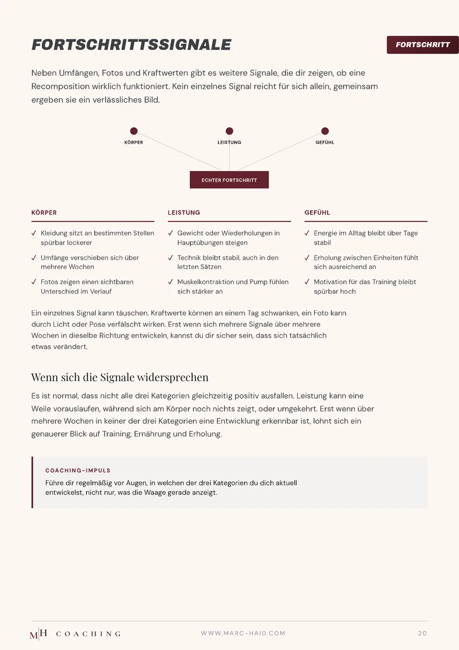 Fortschrittssignale, Seite 20 aus dem Workbook Body Recomposition