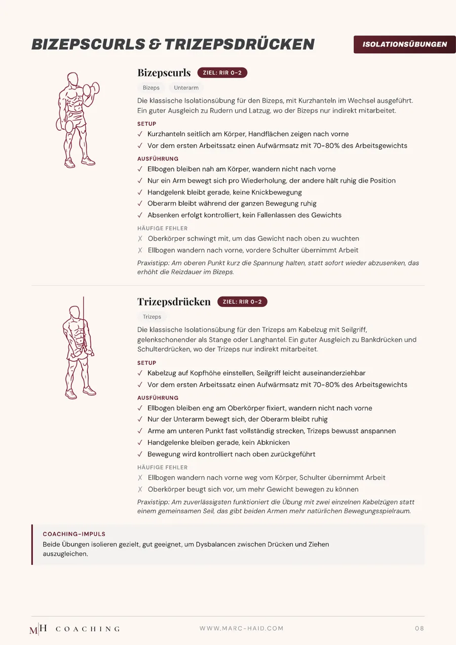 Bizepscurls & Trizepsdrücken, Seite 8 aus dem Workbook Übungen